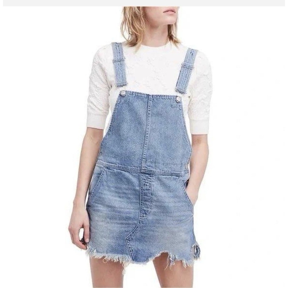Free People Denim Overall Mini Dress Women's Size 2 Raw Hem Blue Boho Adjustable
